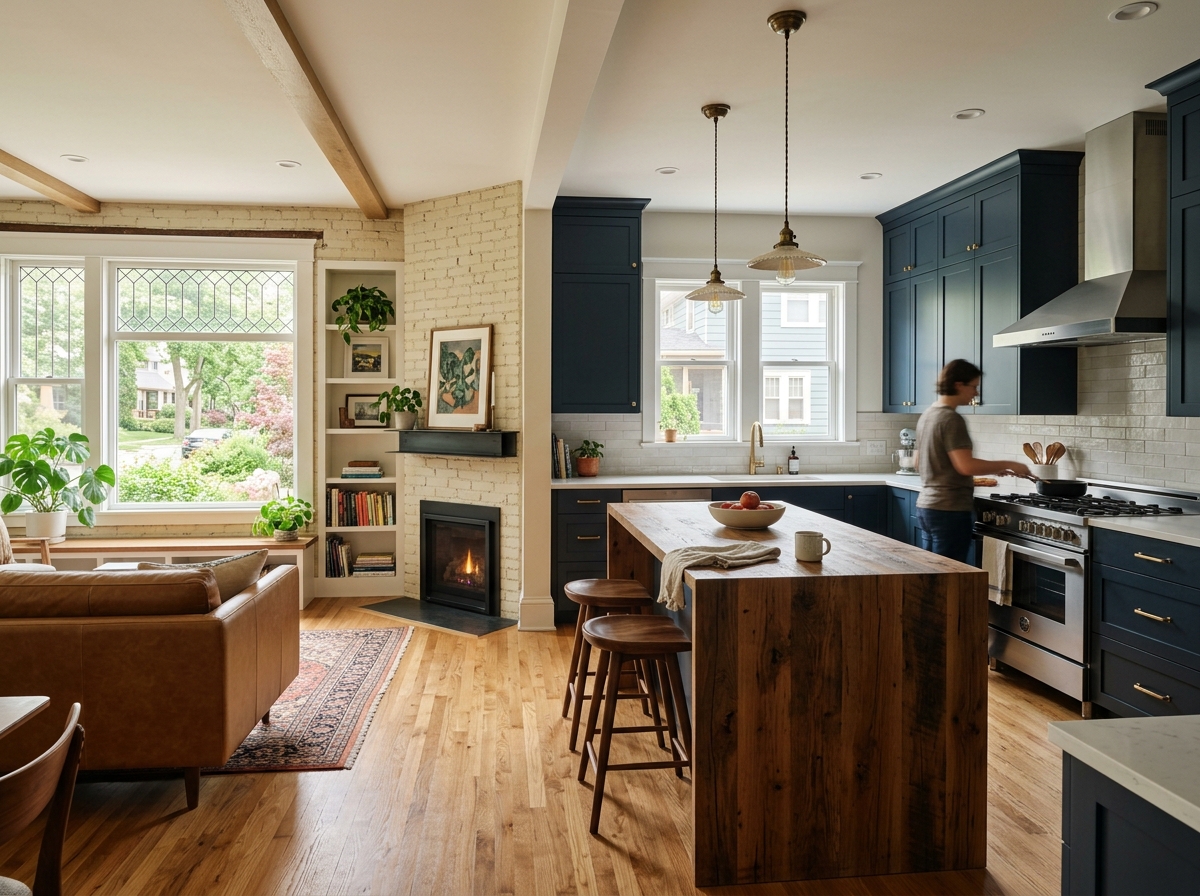 Bright, open-concept kitchen and living room with navy cabinetry, wood island, fireplace, and abundant natural light from bay windows.