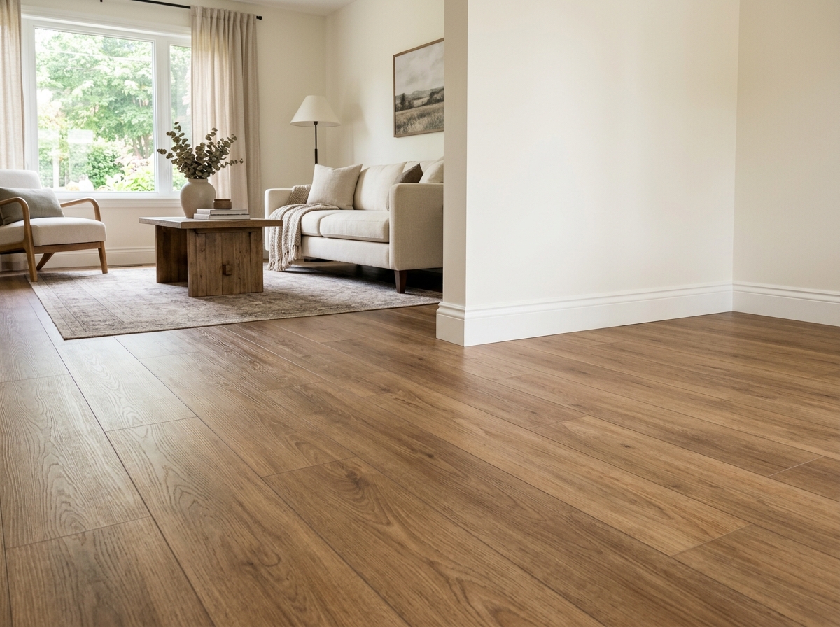 Bright living room with newly installed wood-grain LVP flooring, cream furniture, and natural light from large windows.