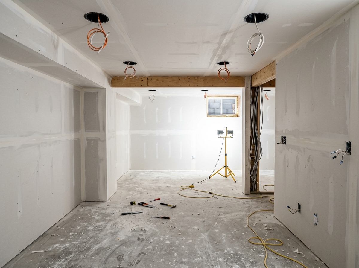 Freshly framed and drywalled interior space with exposed electrical wiring, work lights, and construction materials scattered on concrete floor.