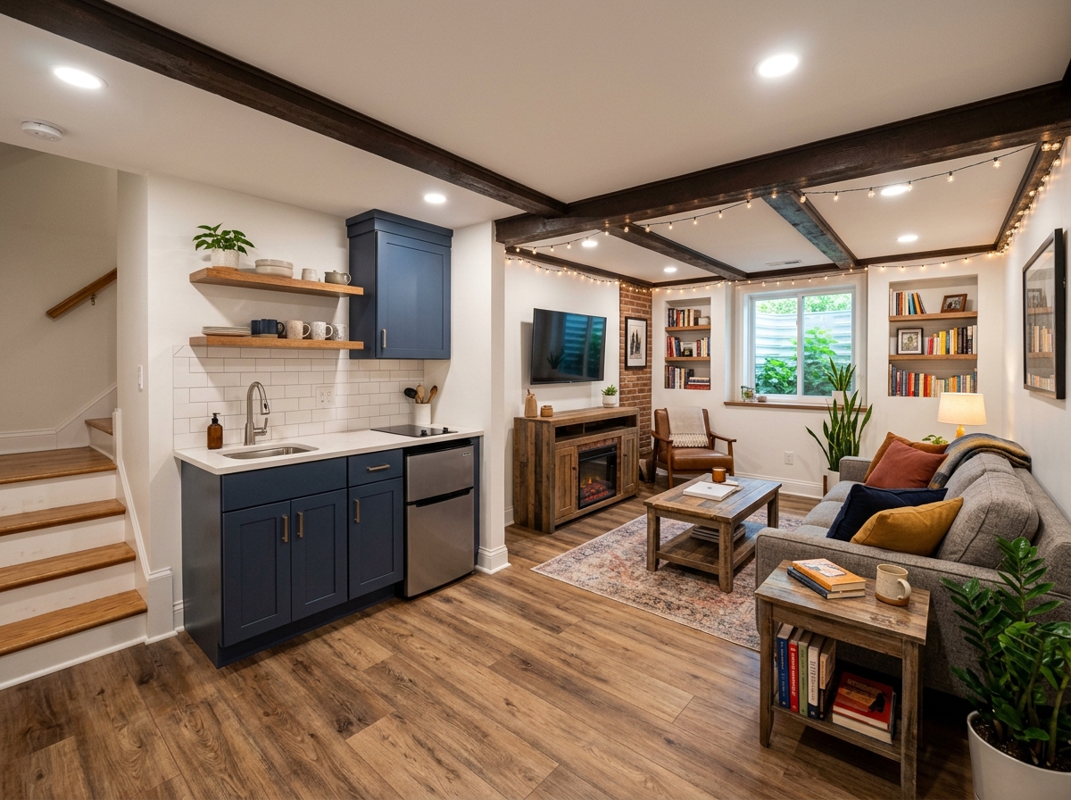 Modern kitchen and living room with dark wood beams, navy cabinetry, brick fireplace, and comfortable seating area bathed in warm lighting.