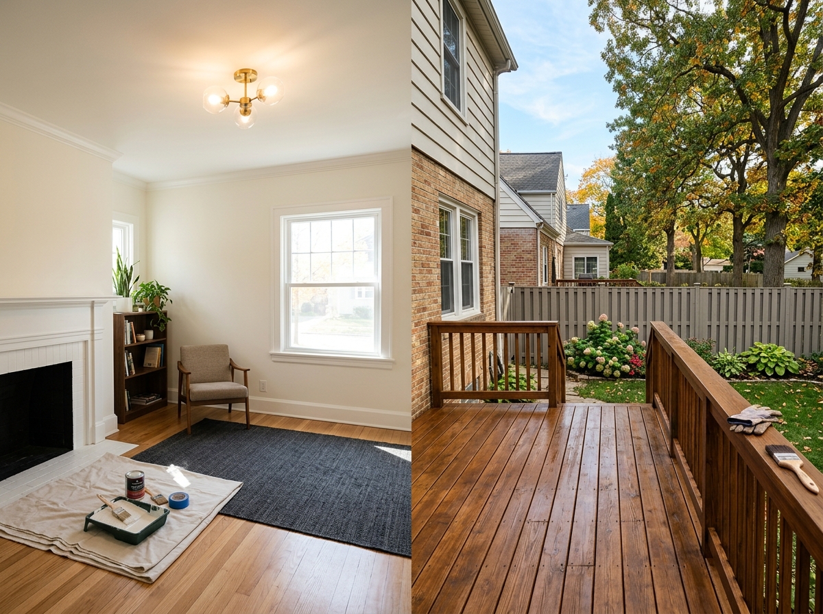 Renovated home interior and deck exterior featuring a bright living room with fireplace and large windows, transitioning to a wooden deck with brick home exterior and autumn landscape views.