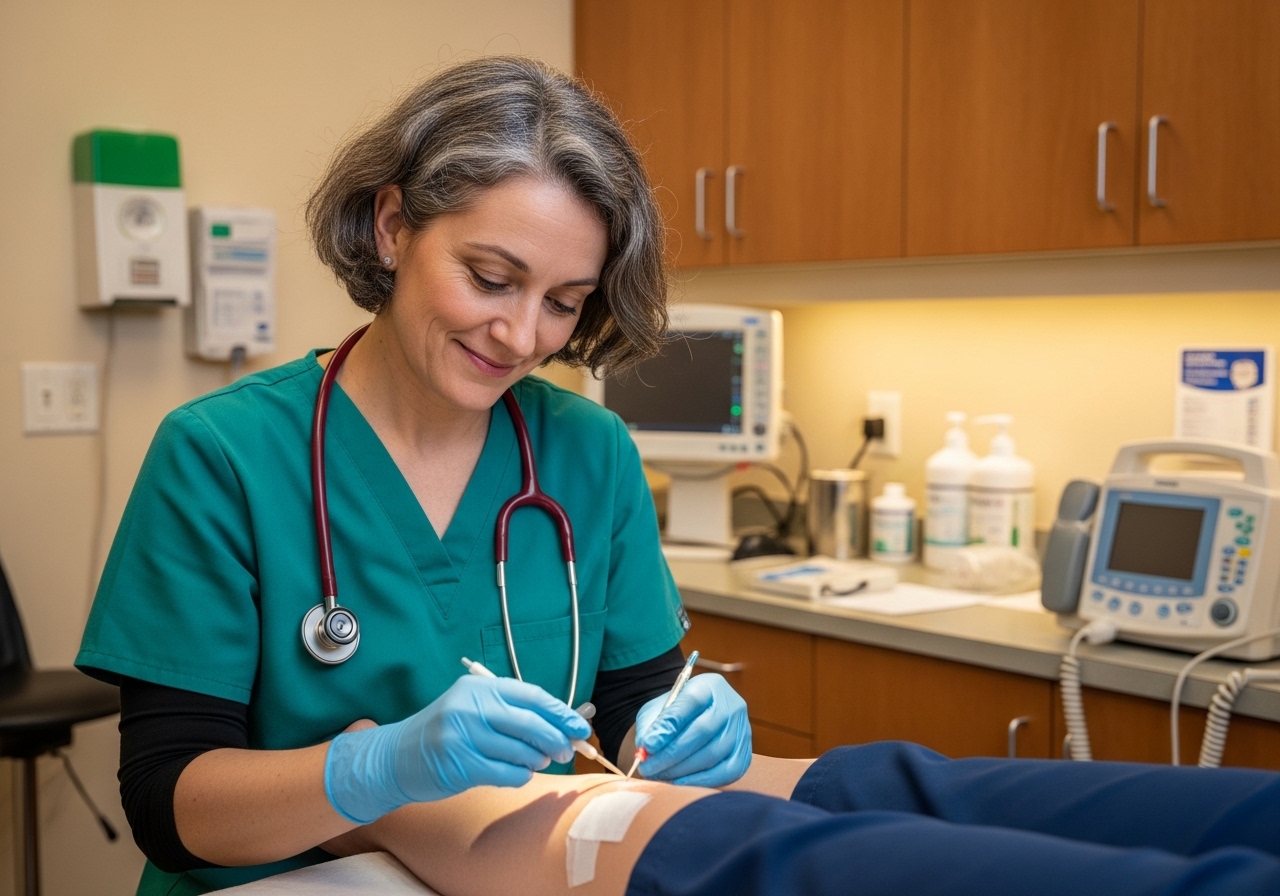Experienced wound care nurse providing patient treatment in clinical setting