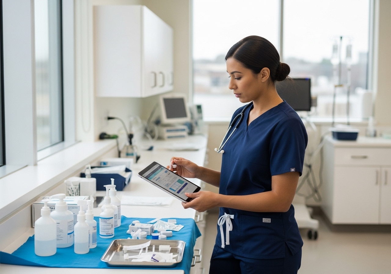Healthcare professional reviewing wound care products and technology in modern clinic