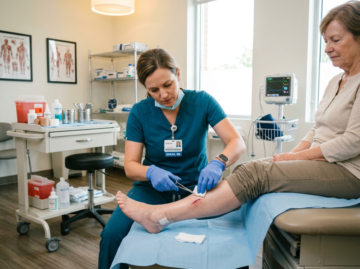 Nurse providing wound care treatment to patient