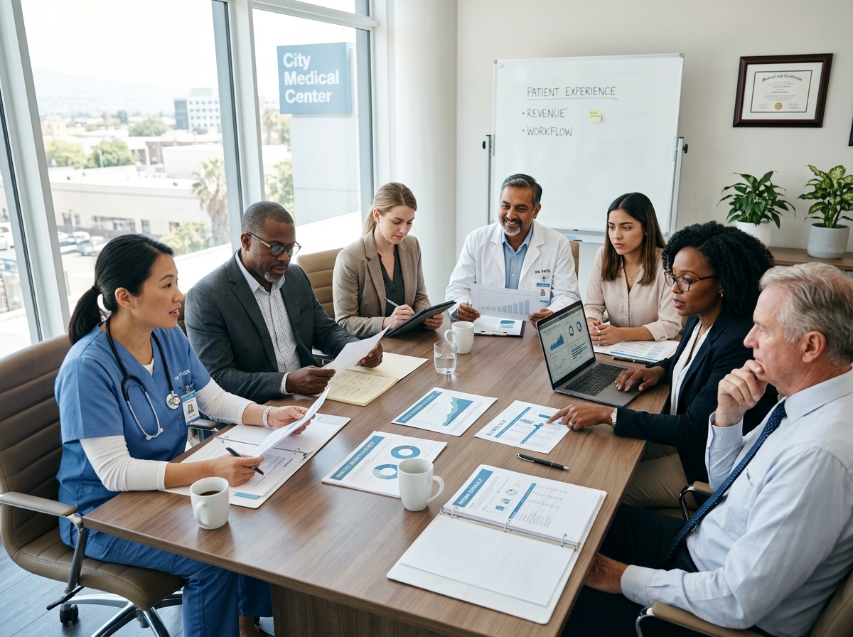 Healthcare consultants meeting with medical practice team