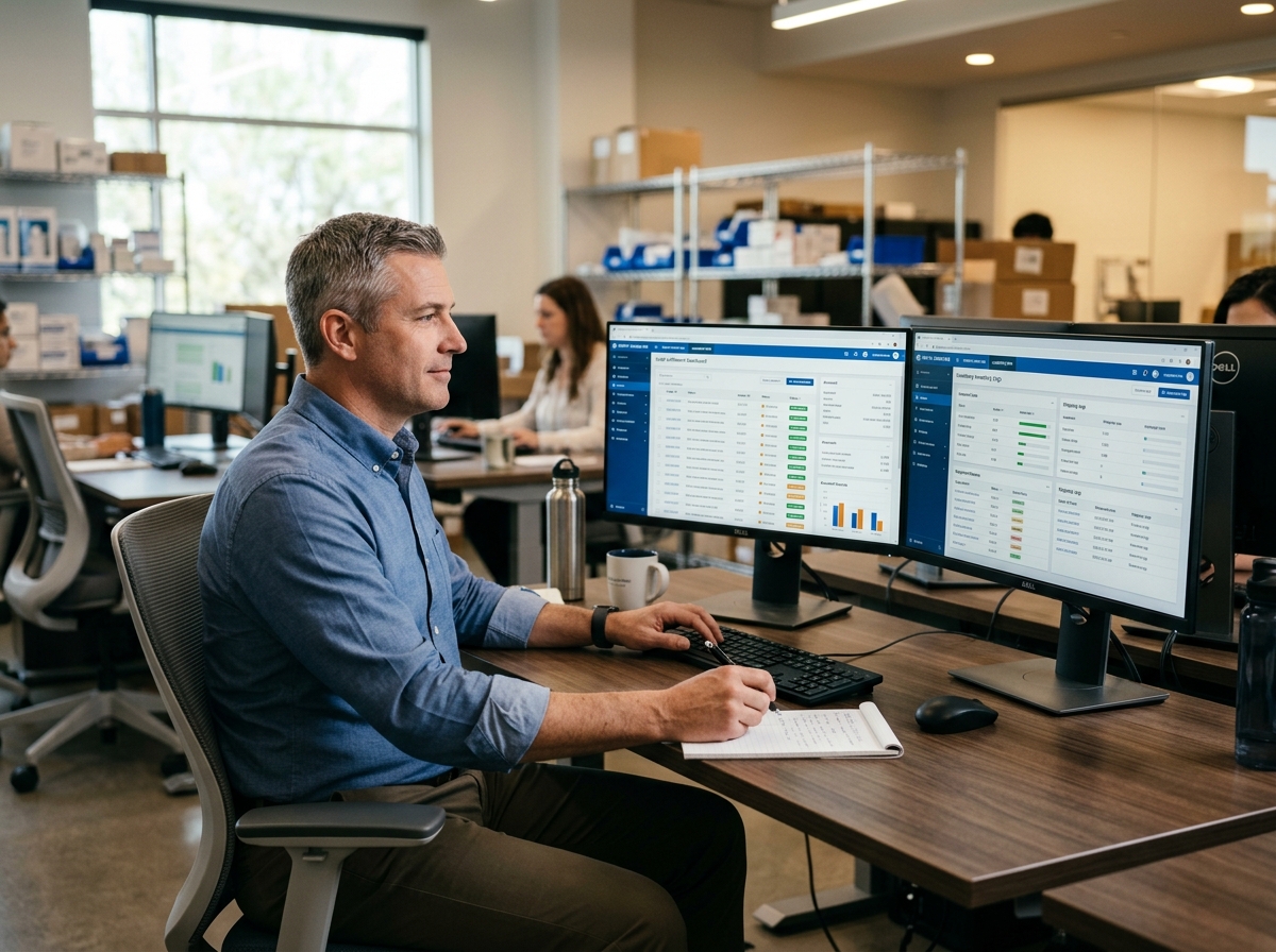 Operations professional reviewing a medical distributor portal on dual monitors in a modern distribution office.