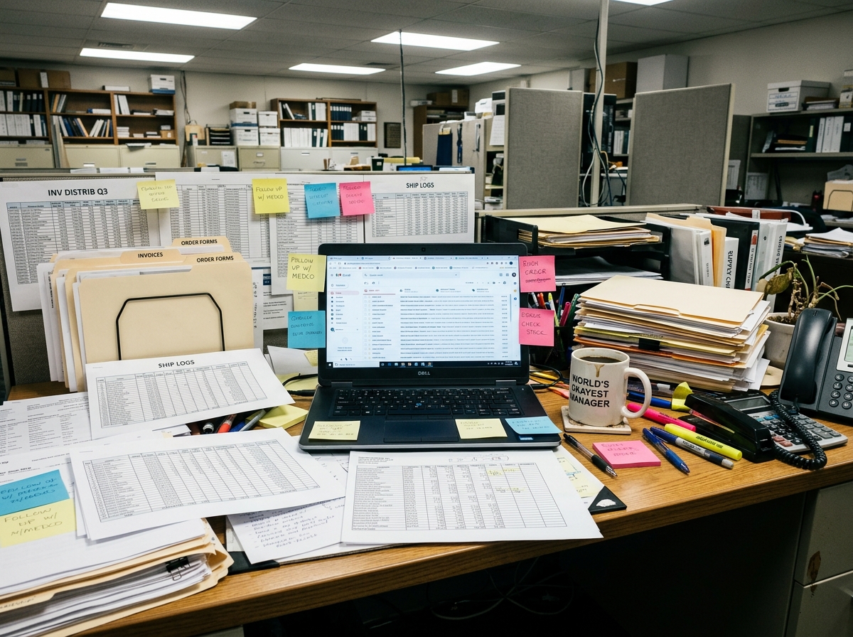Cluttered medical distribution back-office desk with printed spreadsheets, invoices, and sticky notes representing disconnected manual workflows.