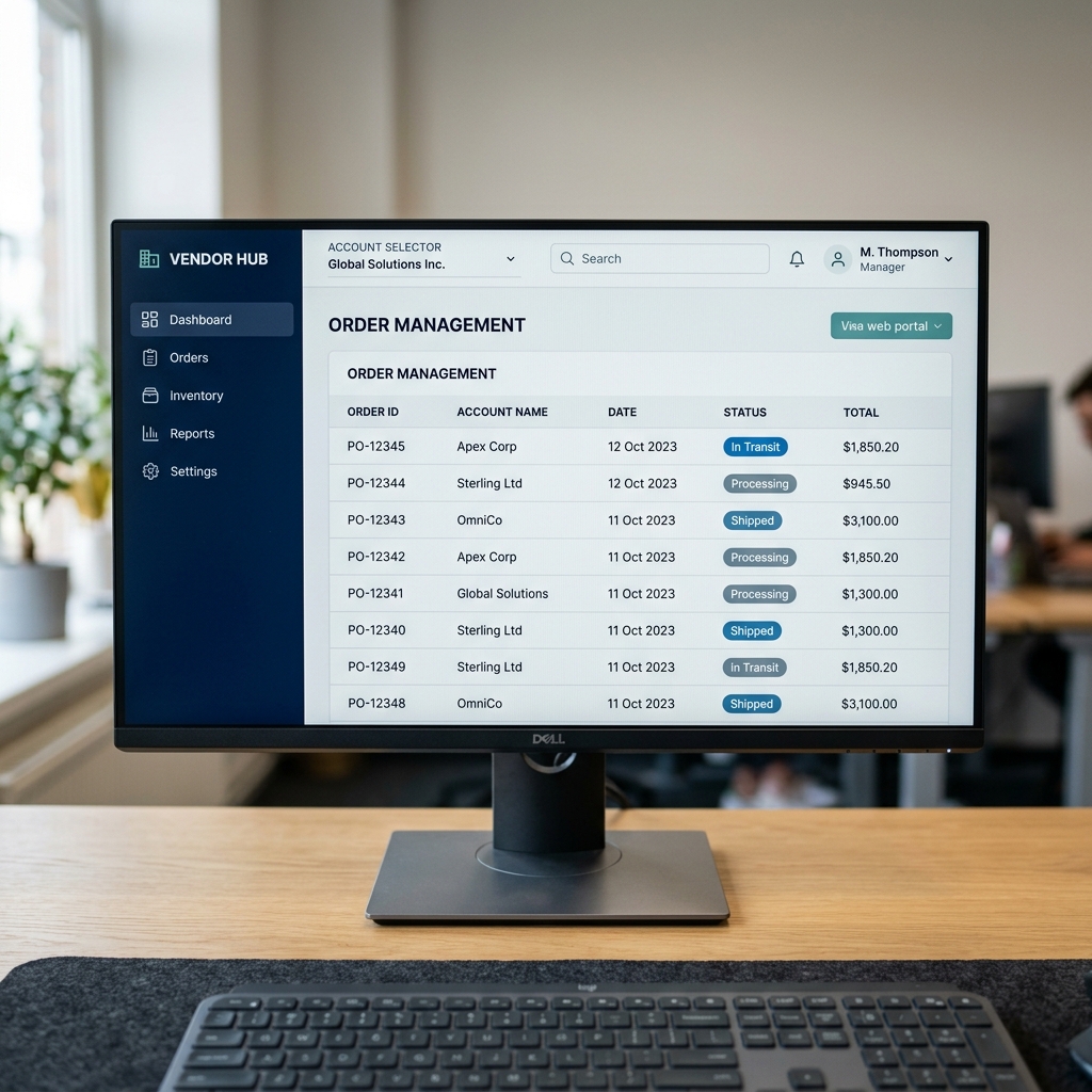 Desktop monitor displaying a multi-tiered B2B ordering portal interface with account-level order management panels.