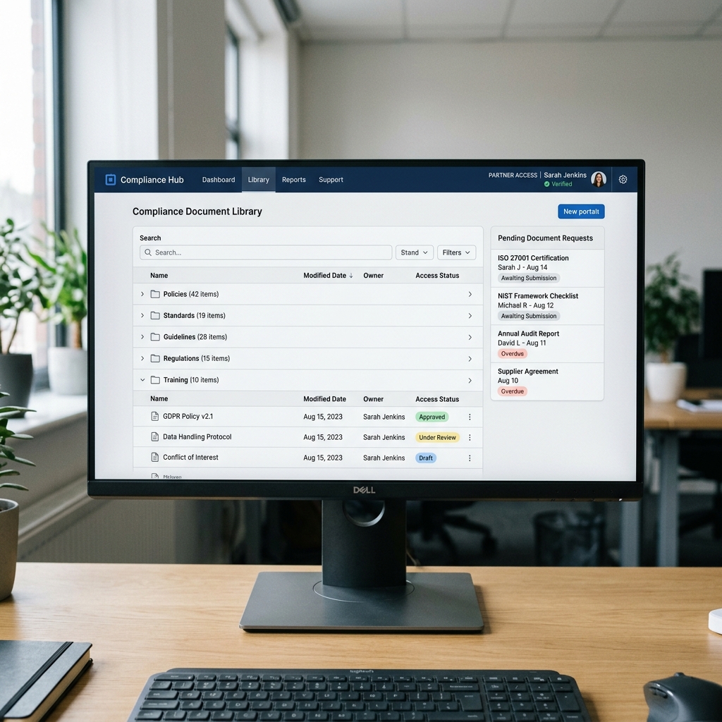 Monitor displaying a role-separated portal dashboard showing manufacturer partner access layer and compliance document management interface.