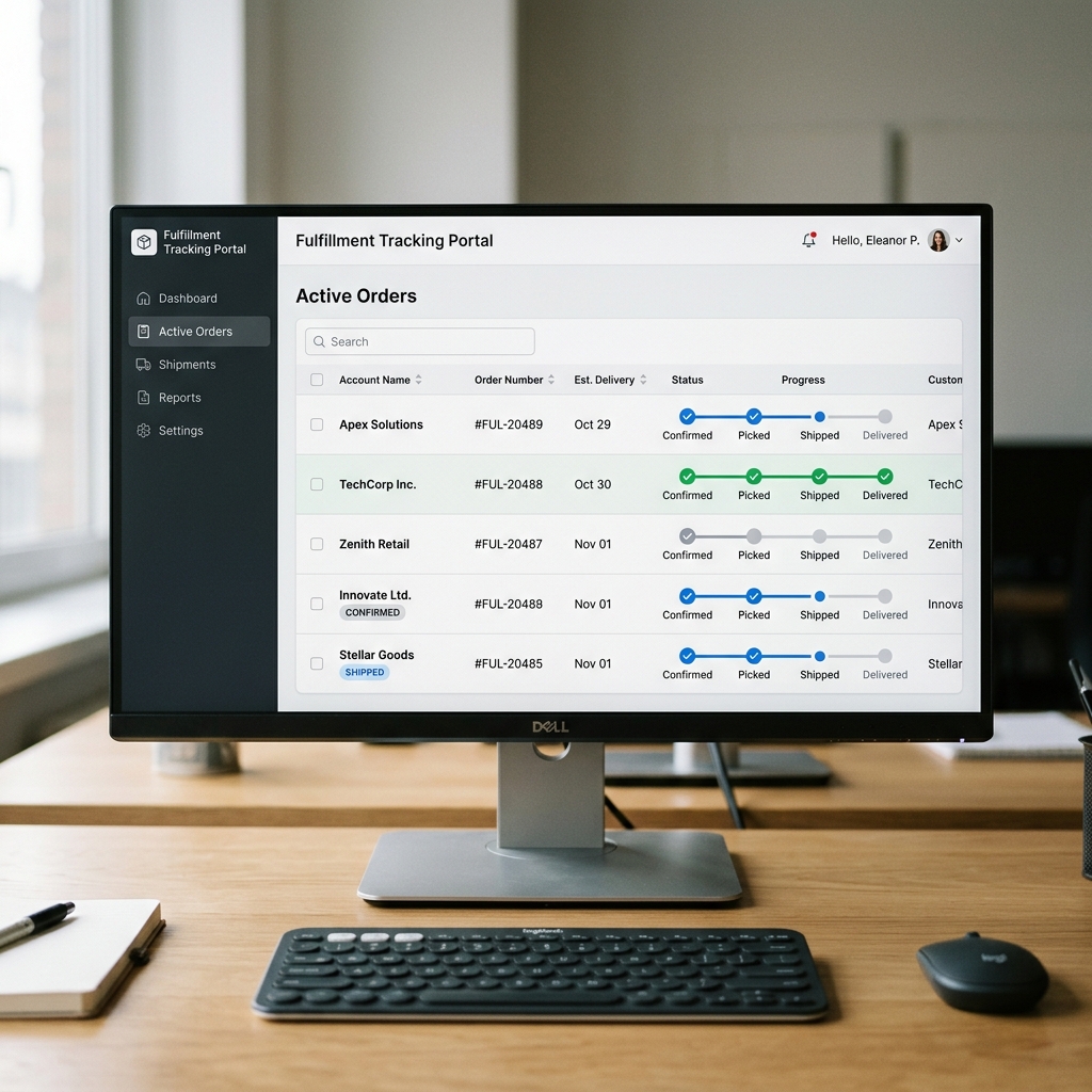 Monitor displaying a fulfillment and shipment tracking portal interface with per-order status progress indicators and delivery milestones.