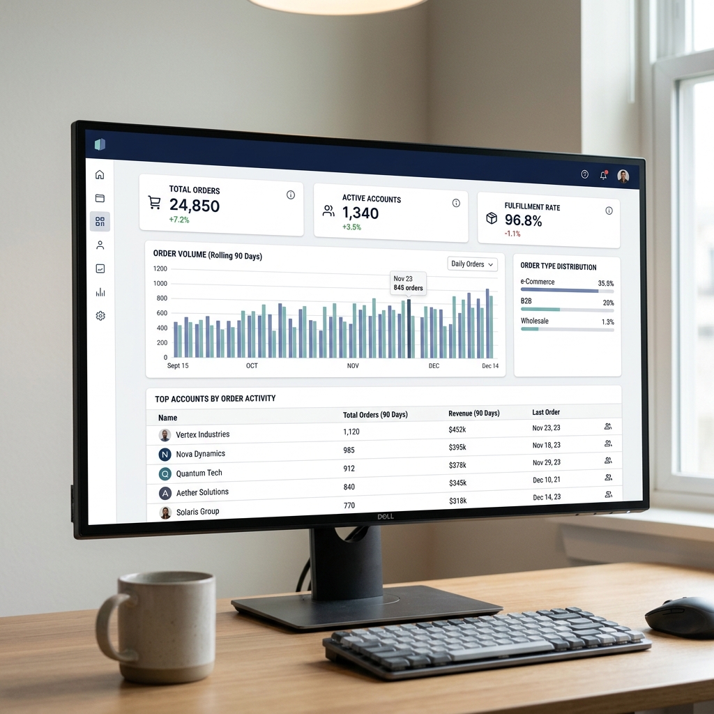 Monitor displaying a distributor portal reporting dashboard with order volume charts, KPI summary tiles, and account activity table.