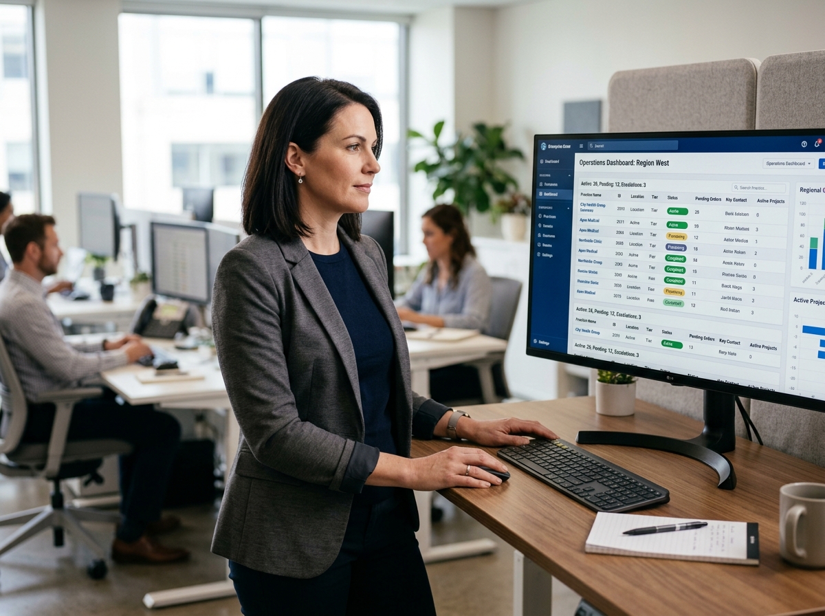 Operations professional reviewing a multi-practice account management portal on a large monitor in a distribution office.