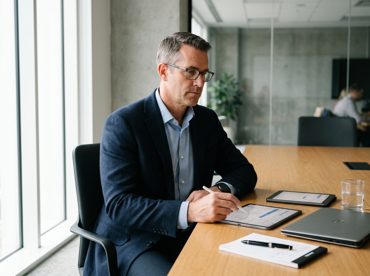 Manufacturer-side professional reviewing a partner portal interface on a tablet in a modern corporate conference room.
