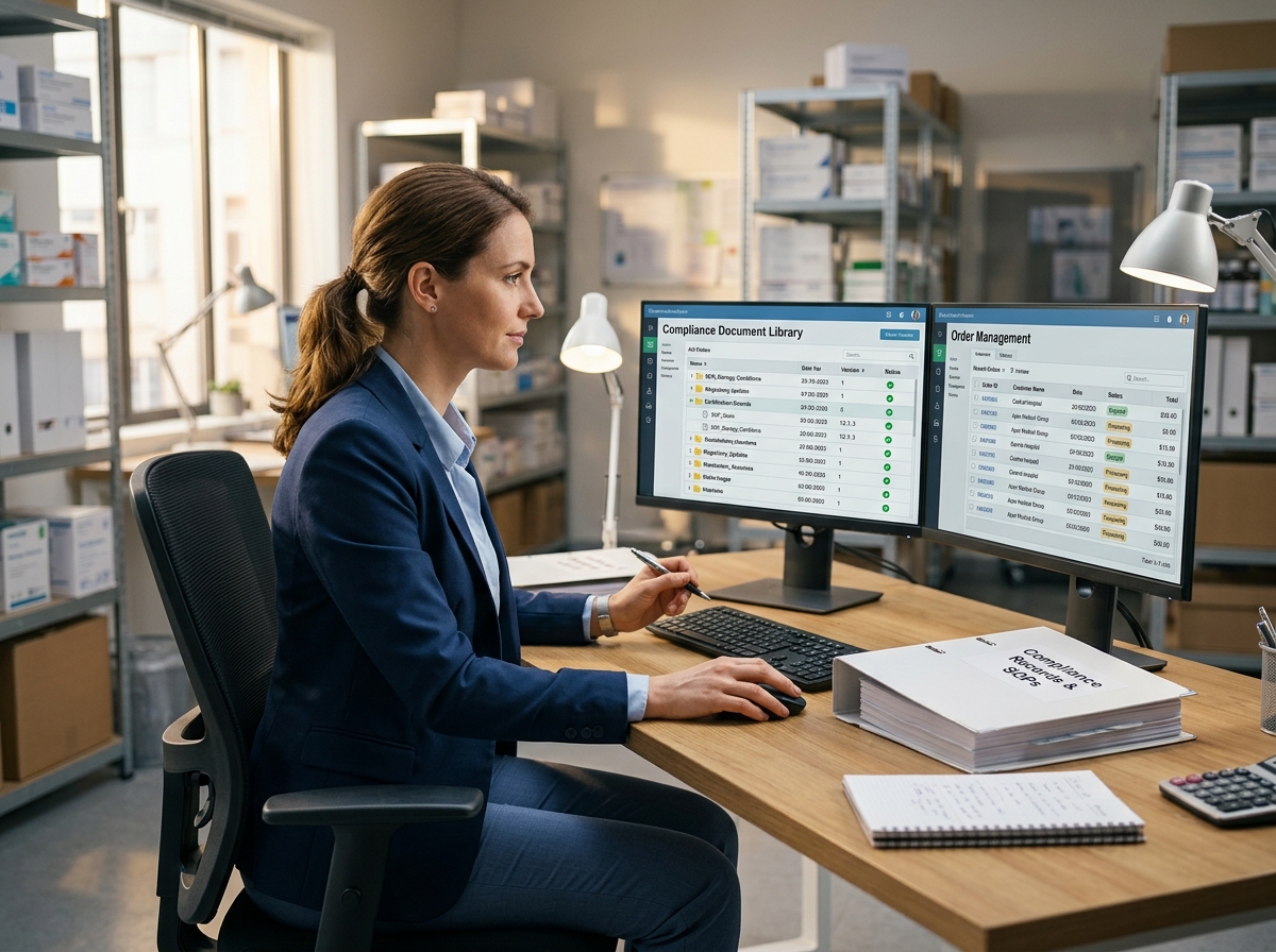 Compliance operations professional reviewing a specialty distributor portal combining regulatory documentation and order management on a dual-panel screen.