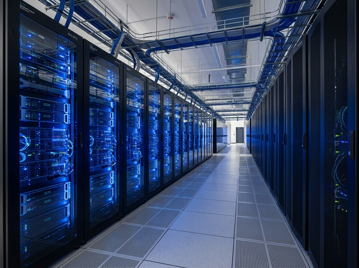 Modern data center server corridor with blue LED rack lighting representing secure, enterprise-grade HIPAA-compliant hosting infrastructure.