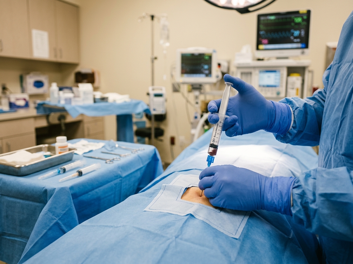 Gloved surgeon's hands performing a bone marrow aspiration procedure in a modern specialty clinic procedure room.