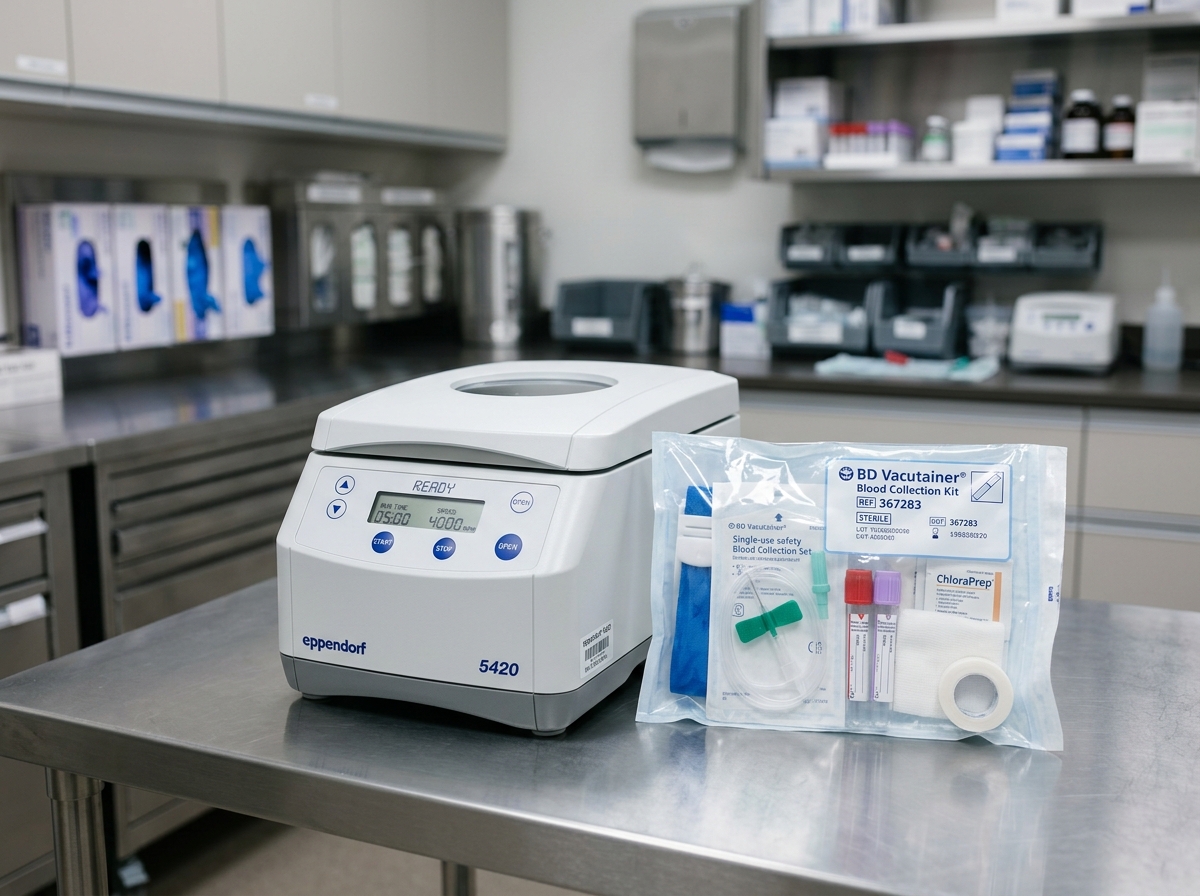 Medical centrifuge and sterile stem cell collection supplies on a stainless steel counter in a specialty clinic prep room.