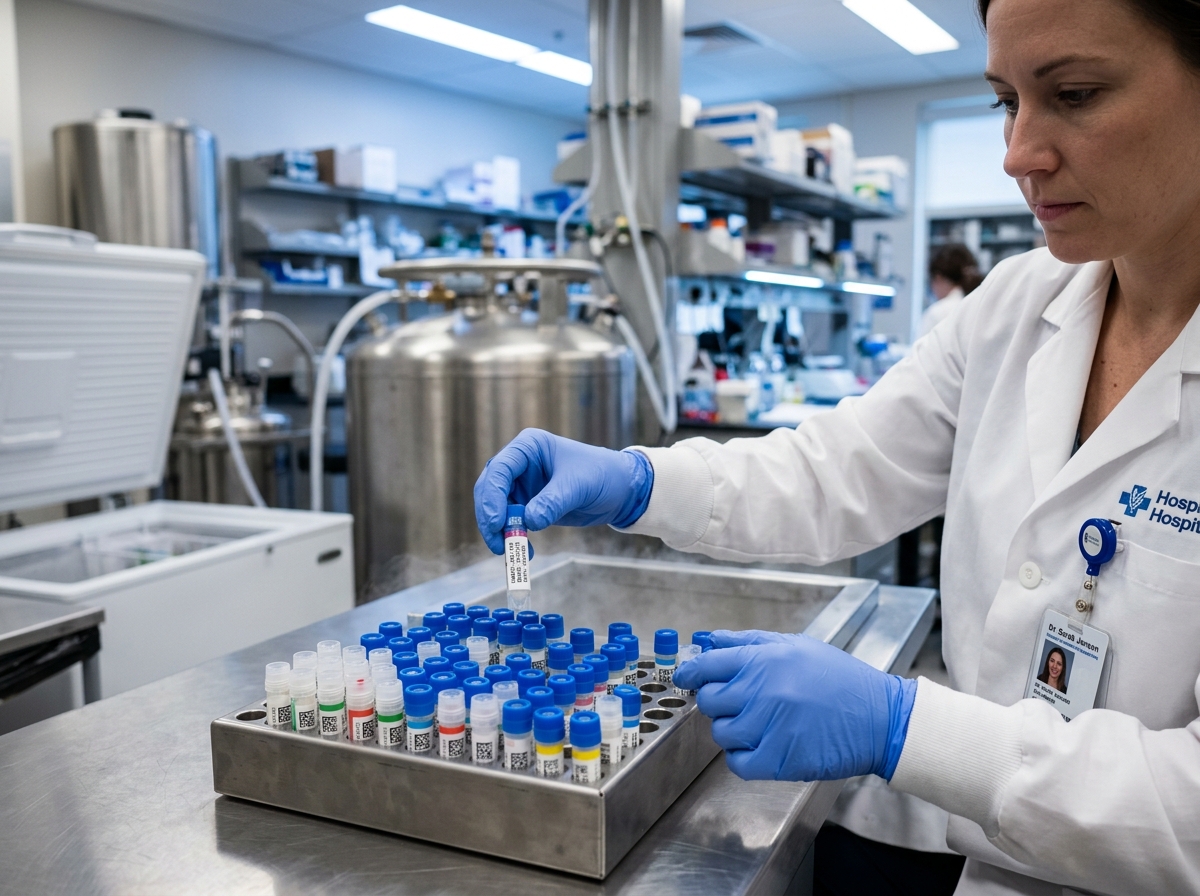 Lab professional in gloves carefully handling a cryogenic storage vial in a clinical biobanking laboratory.