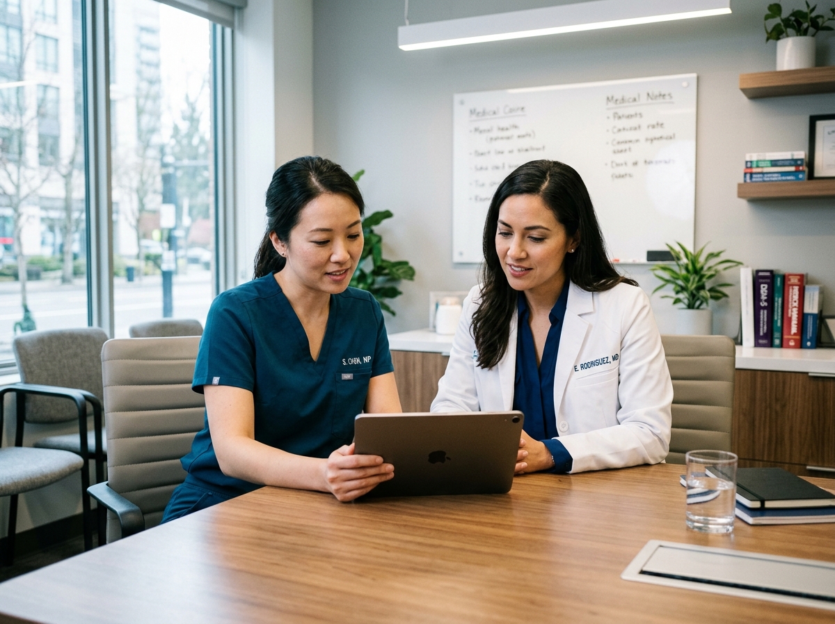 Clinical specialist and physician reviewing information together on a tablet at a modern medical office conference table.