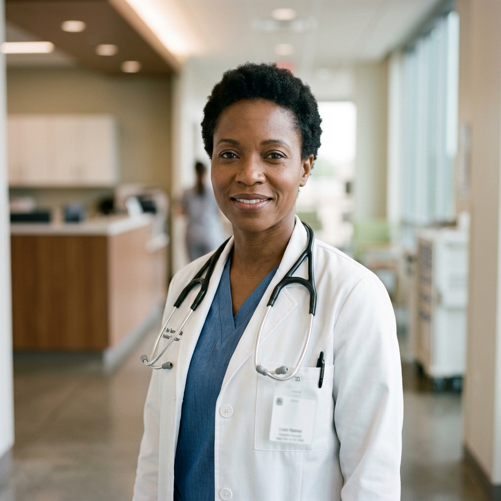Orthopedic surgeon in white coat standing in a modern clinical hallway, professional portrait.