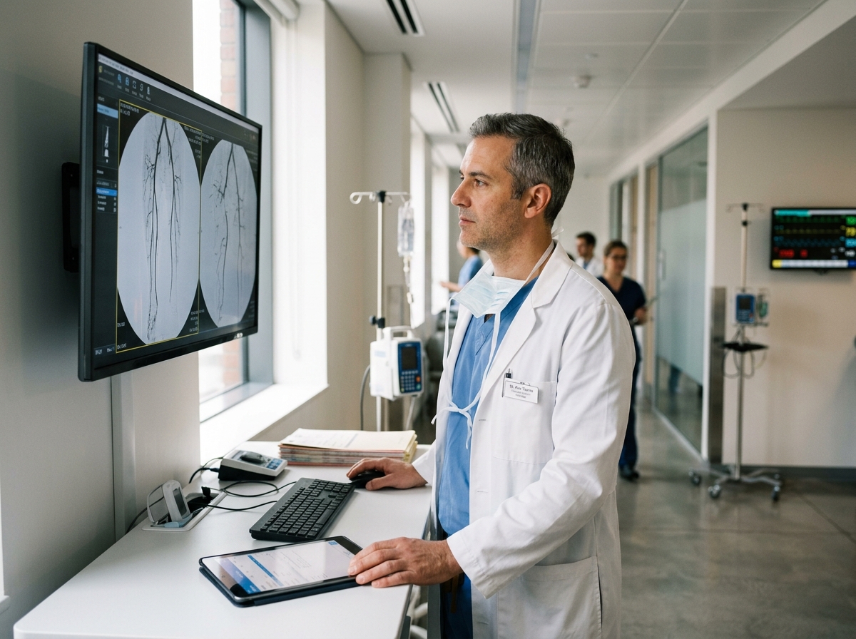 Vascular surgeon reviewing clinical imaging at a modern specialty clinic workstation