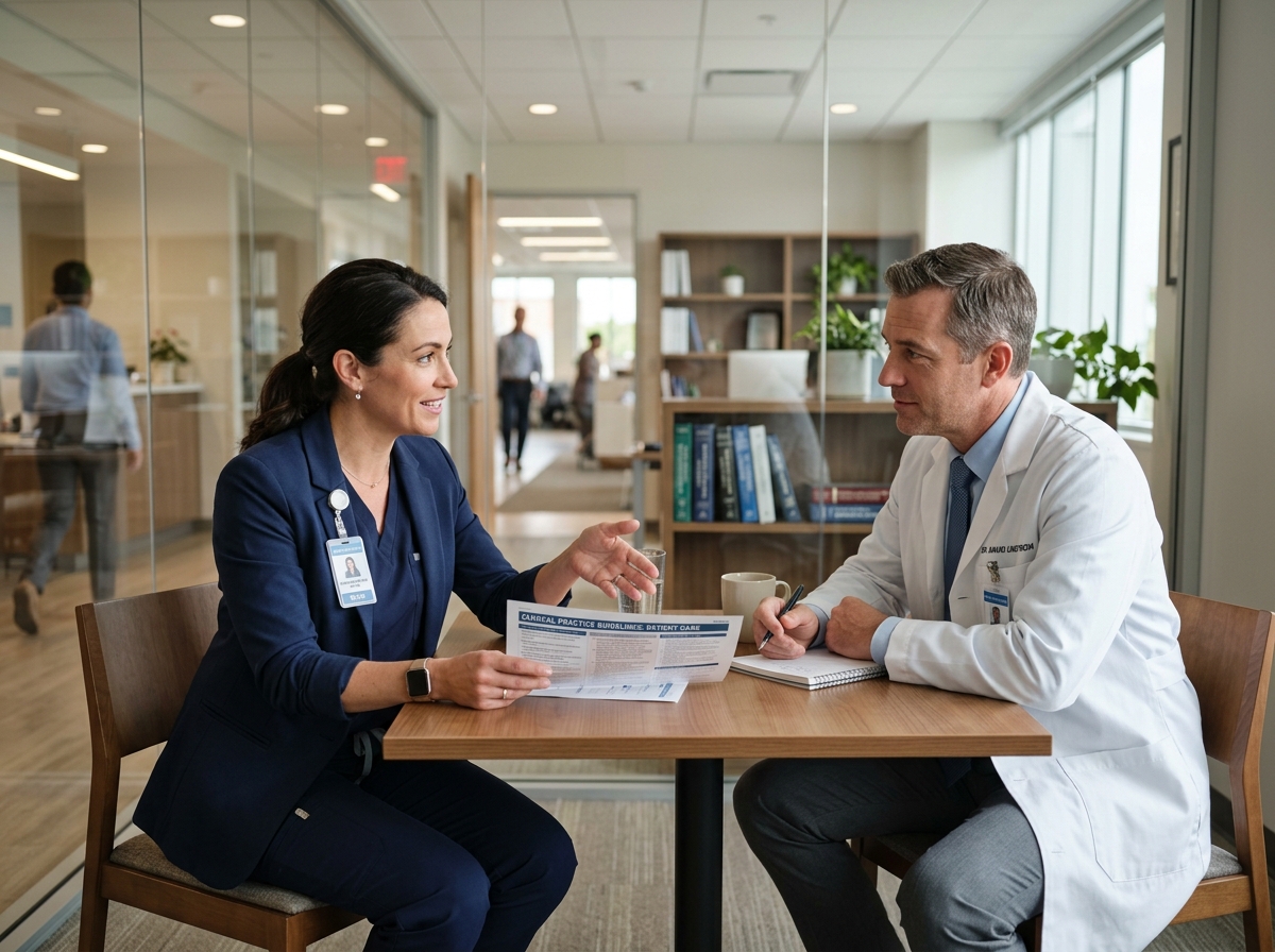 RN-led clinical advisor consulting with a specialist physician in a professional medical office