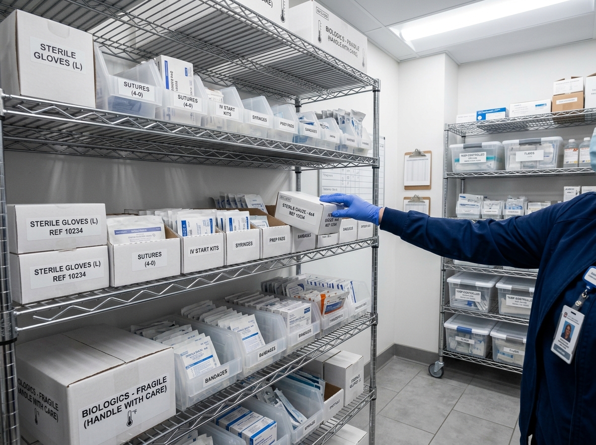 Organized biologics supply storage shelves in a surgical center, with a gloved hand retrieving a product