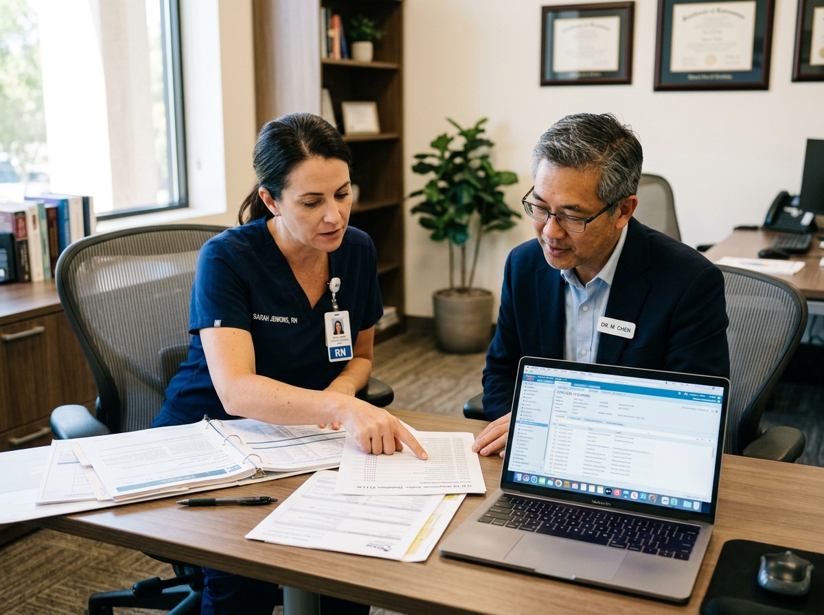 Clinical nurse advisor and physician reviewing advanced biologics billing documentation at a shared desk
