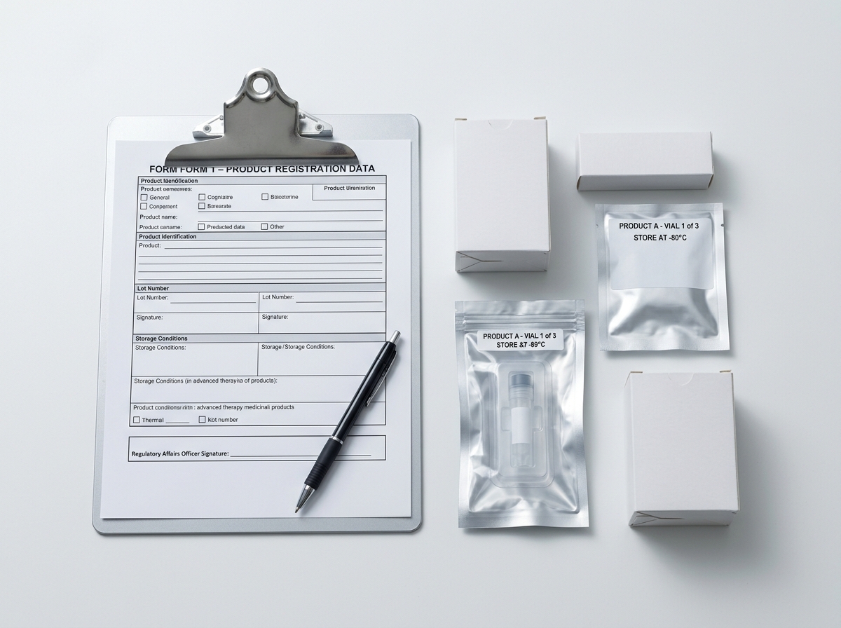 Biologics product packaging and regulatory compliance documentation arranged on a clean clinical surface