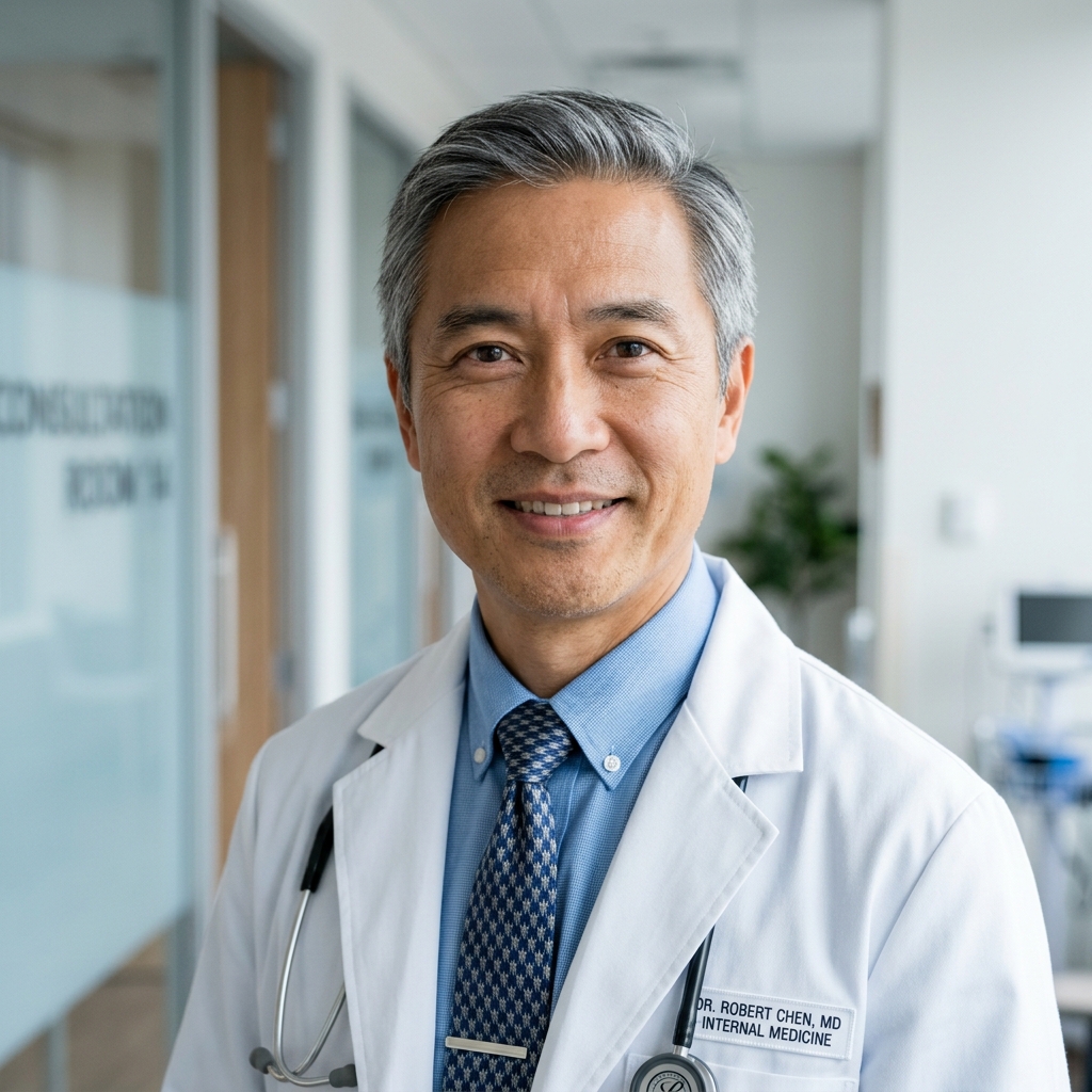 Professional portrait of a specialist physician in a white coat, conveying clinical credibility and trust
