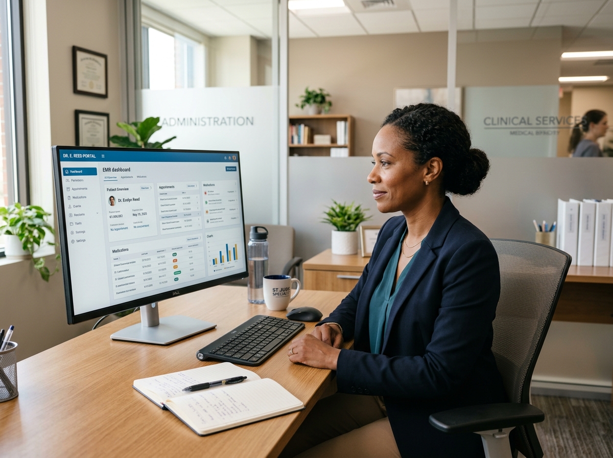 Practice administrator reviewing a custom healthcare web portal on a desktop monitor in a modern specialty medical office.