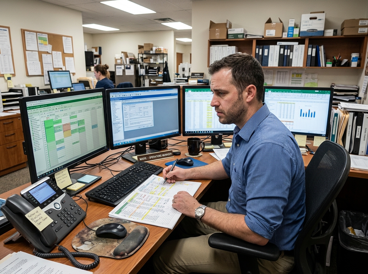 Practice manager working across multiple disconnected systems and printed spreadsheets in a specialty medical back office.