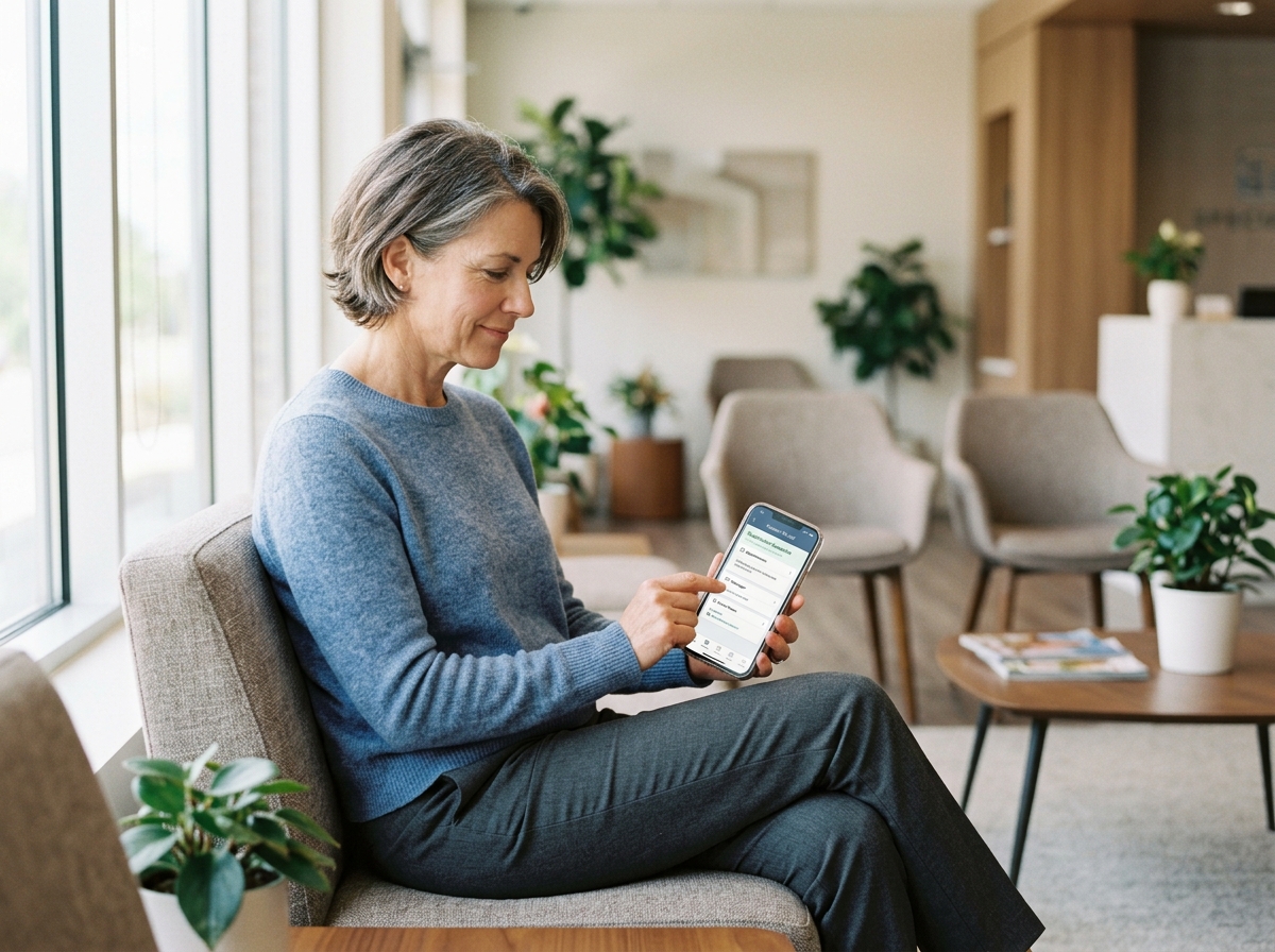 Patient using a smartphone to access a specialty practice patient portal in a calm medical waiting room.