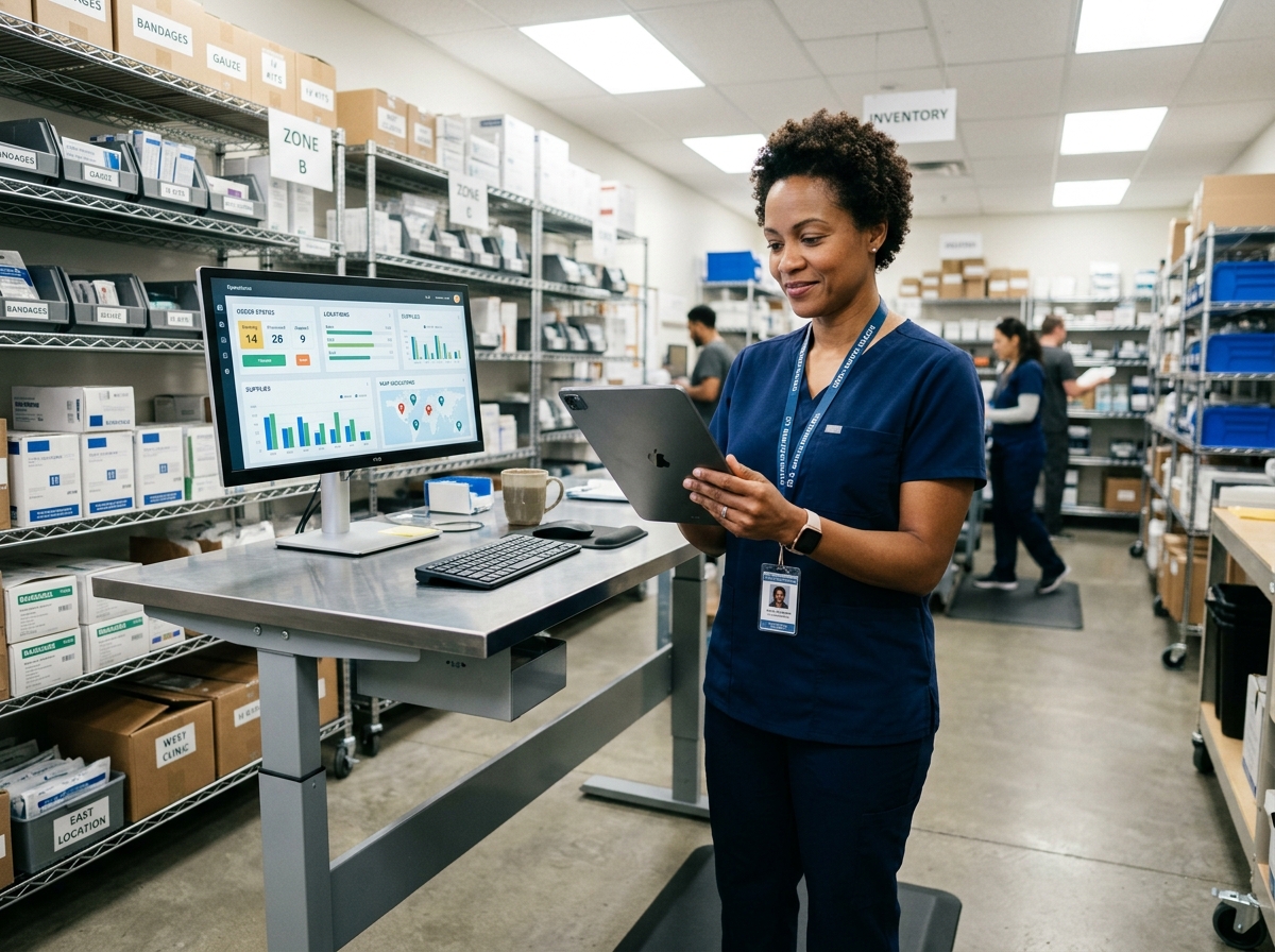Operations coordinator reviewing a multi-location supply ordering portal on a tablet in a medical practice logistics room.