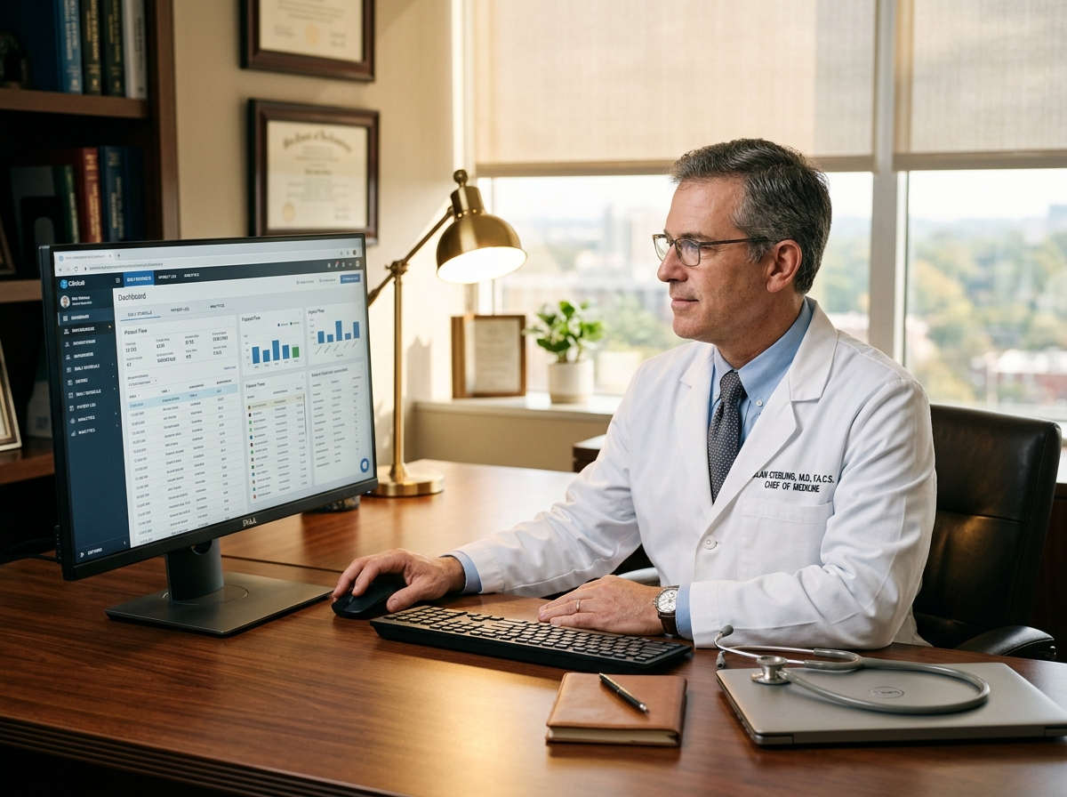 Physician reviewing a clinical and administrative dashboard on a desktop monitor in a specialty practice private office.