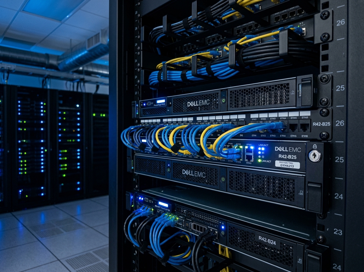 Close-up of a secure server rack in a climate-controlled data center, representing HIPAA-compliant hosting infrastructure.