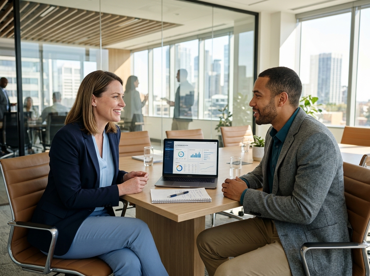 Two professionals in a collaborative working session reviewing a healthcare portal dashboard at a modern conference table.