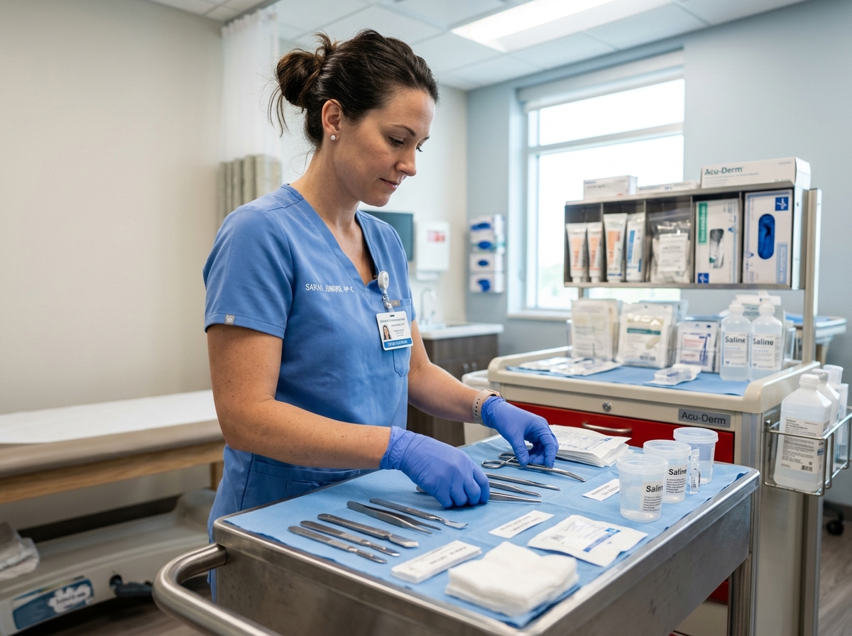 Wound care clinician preparing sterile debridement instruments on a procedure tray in an outpatient clinic.