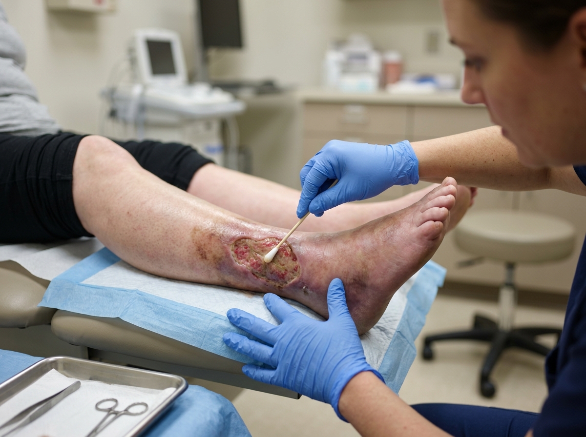 Clinician examining a lower leg wound during wound assessment before debridement procedure.