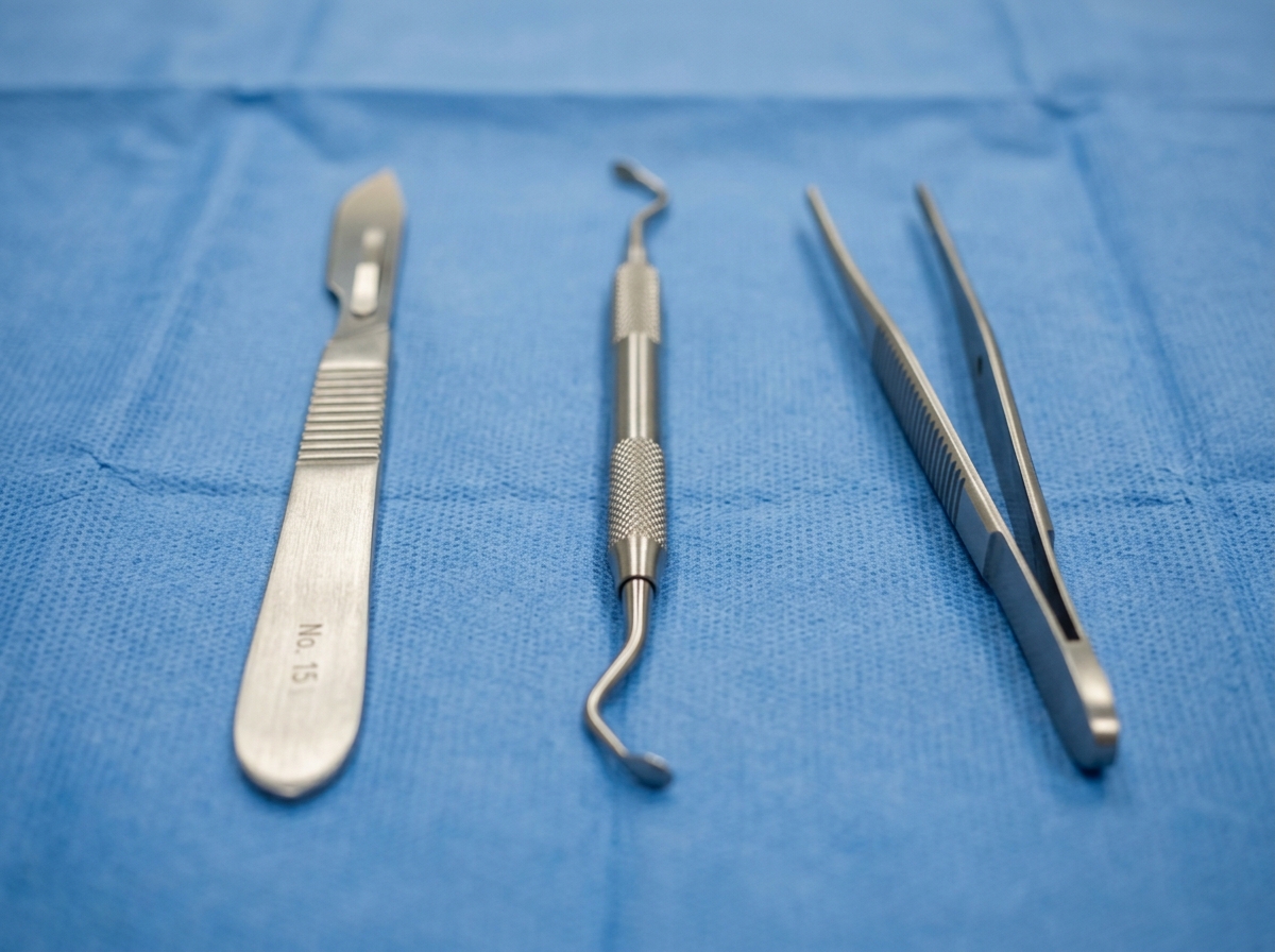 Sterile sharp debridement instruments including scalpel, curette, and tissue forceps arranged on a sterile field.