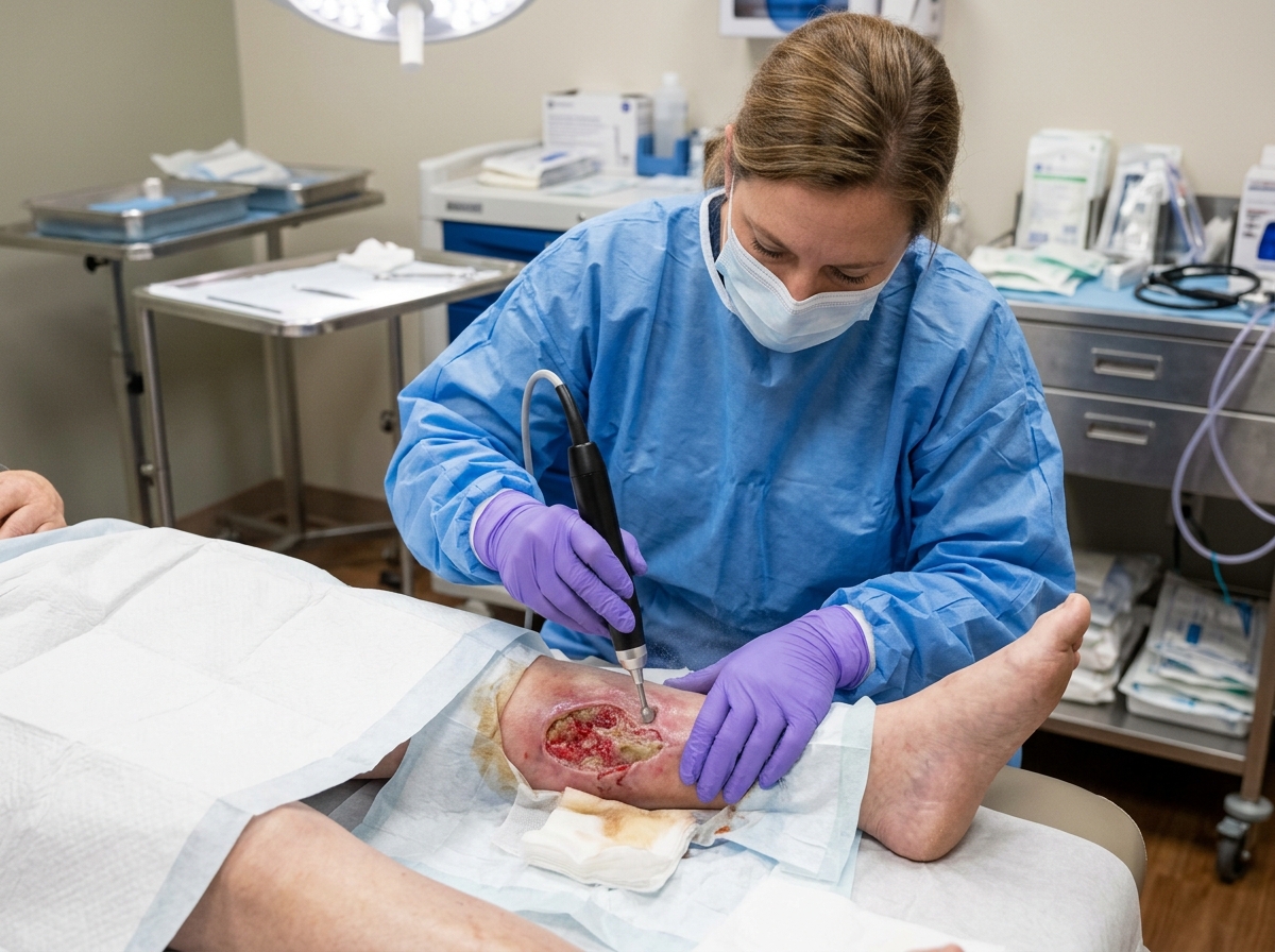 Clinician using a handheld mechanical debridement device on a lower extremity wound in a wound care clinic.