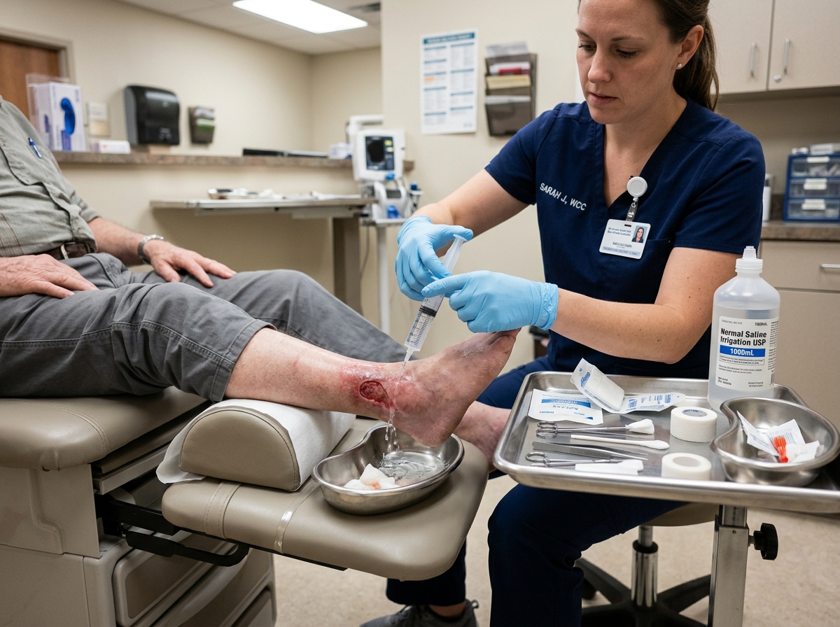 Clinician irrigating a lower leg wound with a wound irrigation syringe and preparation supplies on a clinical tray nearby.