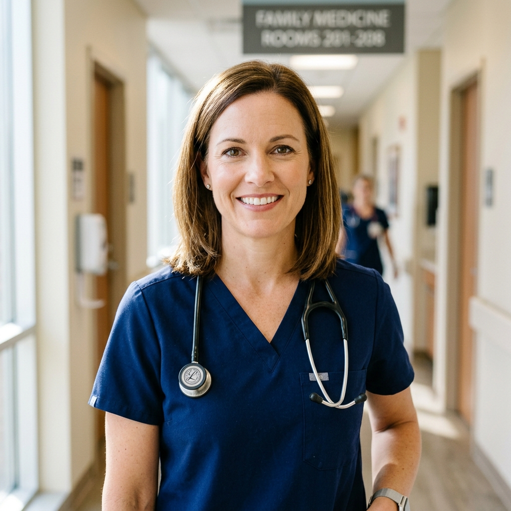Portrait of a nurse practitioner in navy scrubs in a clinical hallway setting.