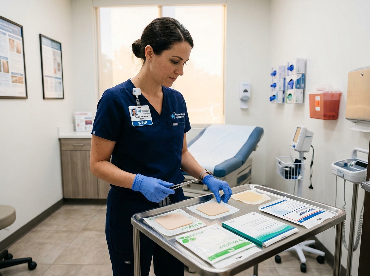Wound care nurse practitioner reviewing specialty wound dressings in a clinical exam room.