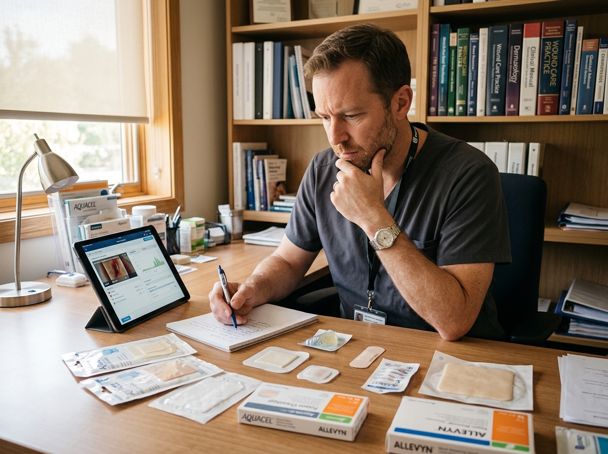 Independent wound care clinician reviewing specialty dressing options at a practice desk.