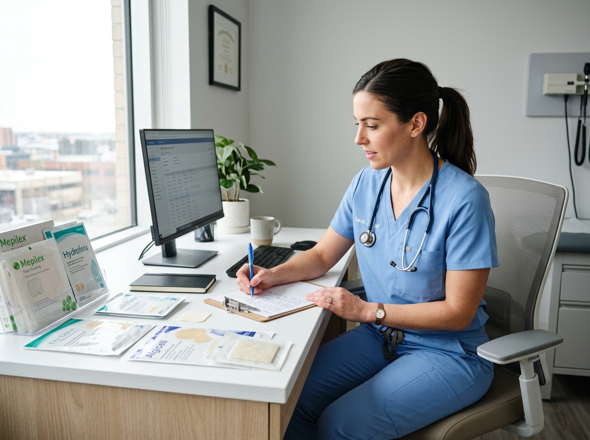 New nurse practitioner reviewing wound dressing samples while building a wound care formulary.