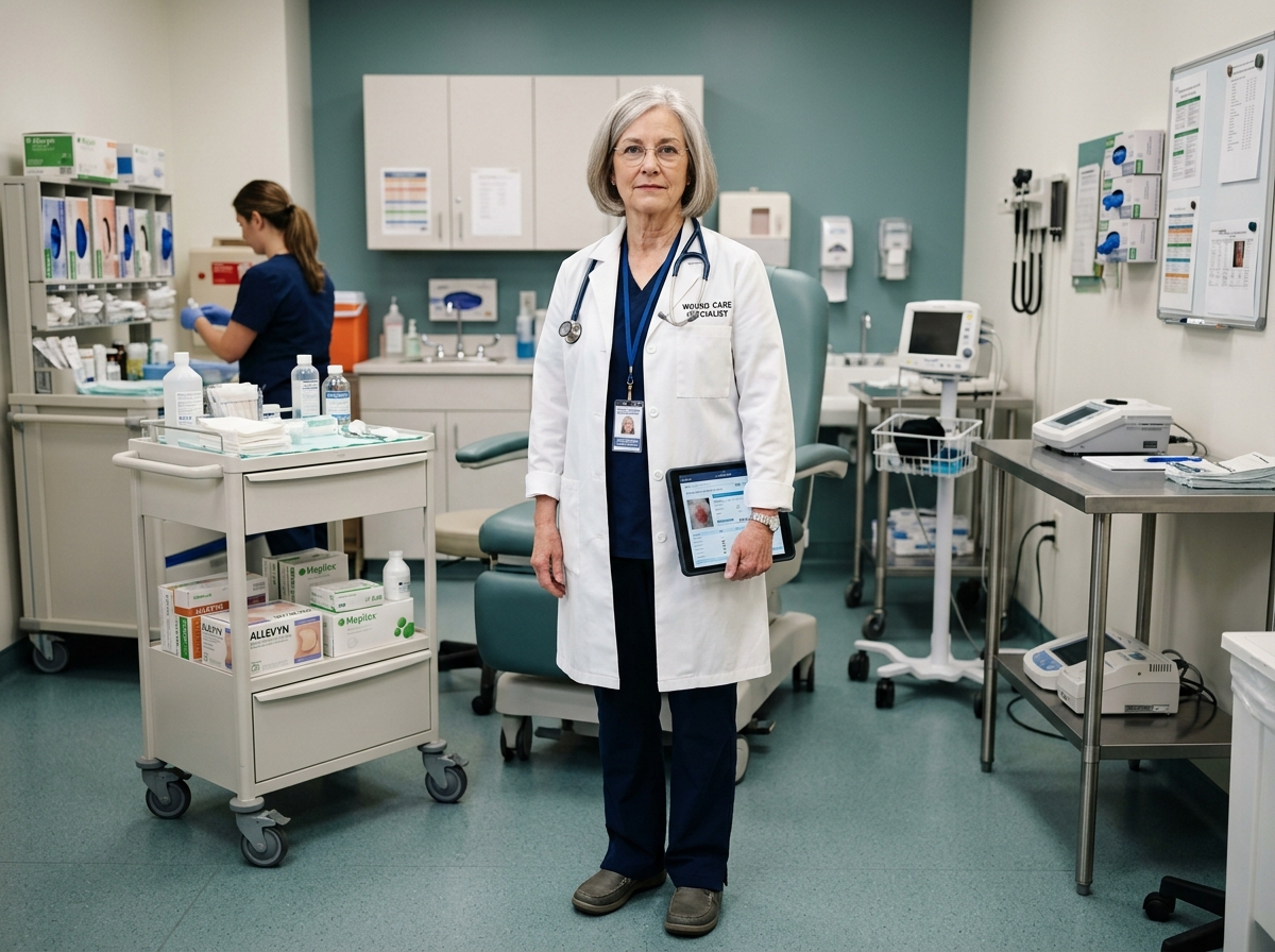 Experienced wound care clinician standing in an established wound care procedure room.