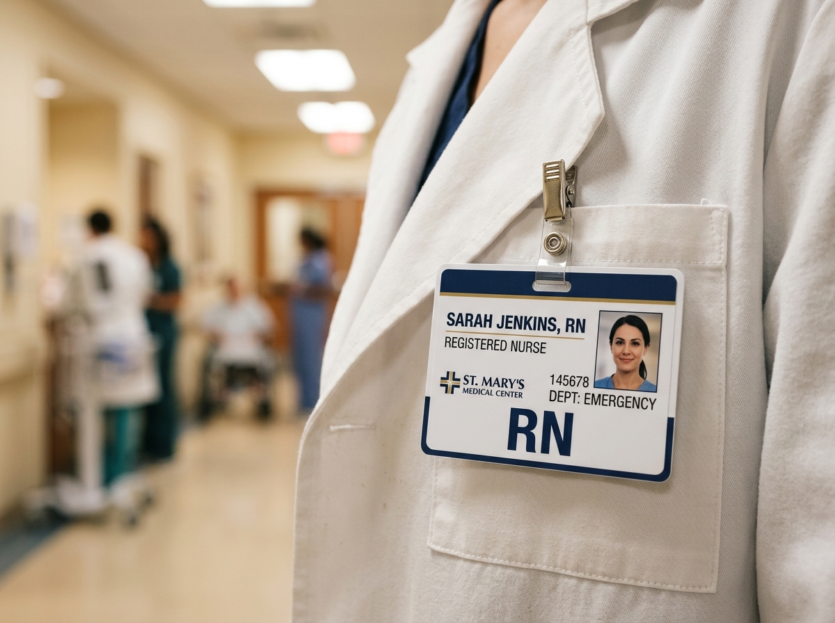 Close-up of an RN credential badge on a white clinical coat lapel.