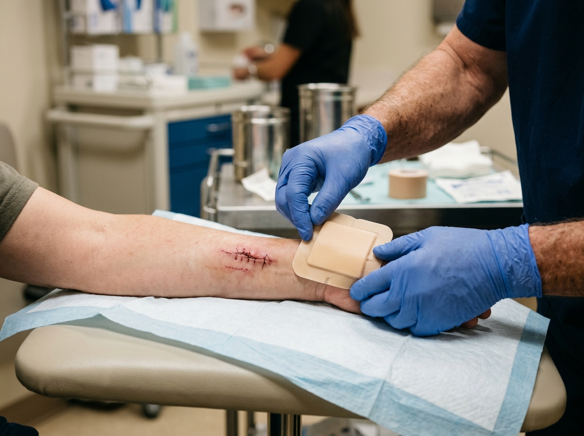 Clinician's hands applying a wound dressing to a patient's arm, conveying clinical expertise.