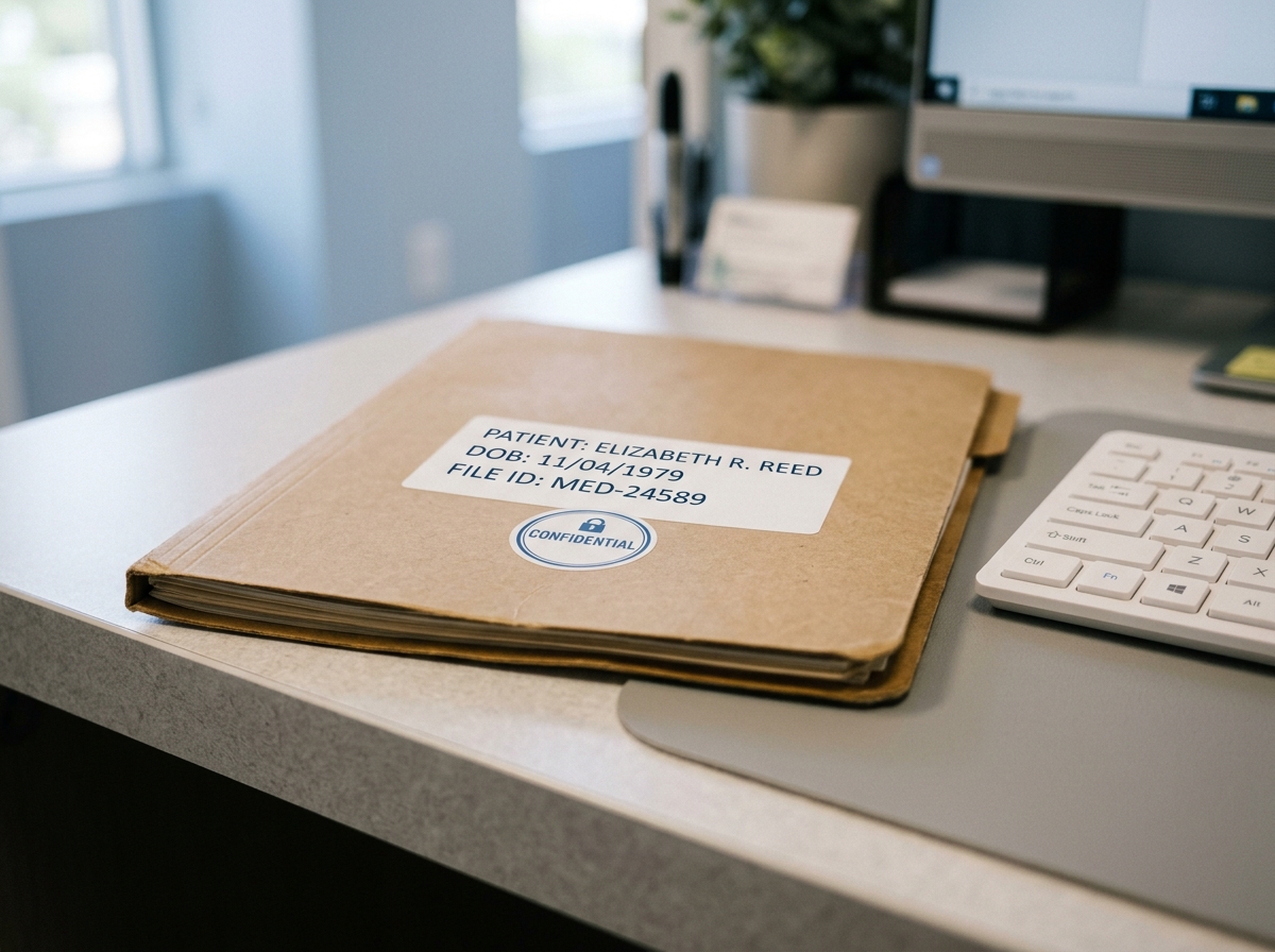 Closed patient file folder on a clinical desk, representing HIPAA-compliant record handling.